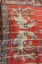 Load image into Gallery viewer, Rust orange Dola silk saree with hand printed
